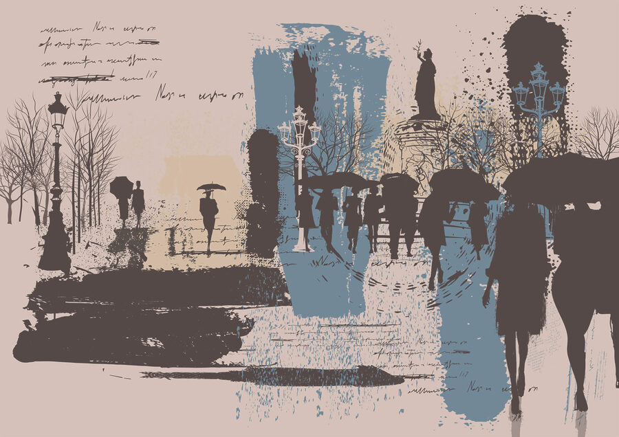 Grupo de personas caminando con paraguas