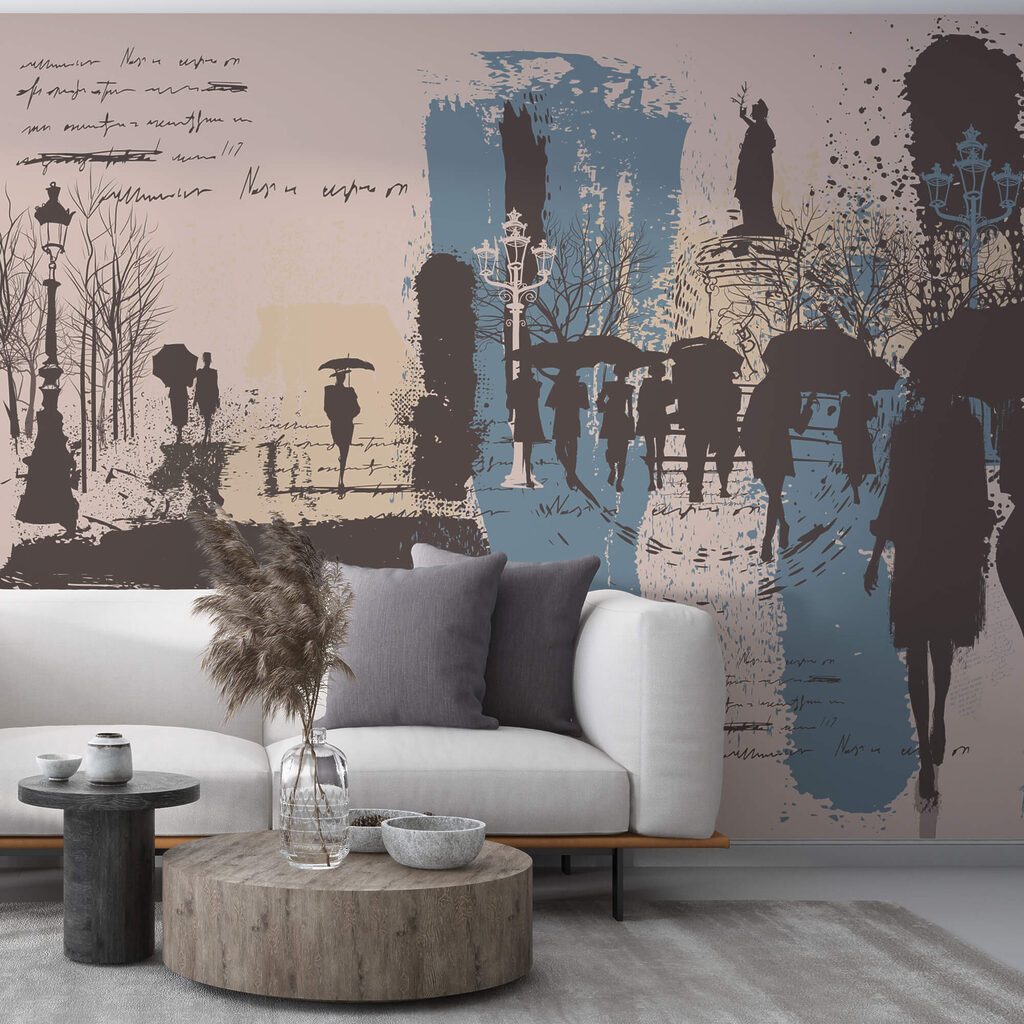 Grupo de personas caminando con paraguas