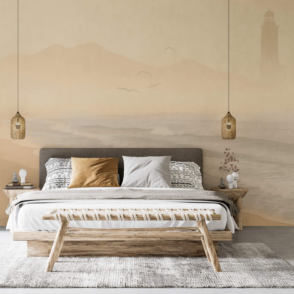 Playa con olas y pájaros