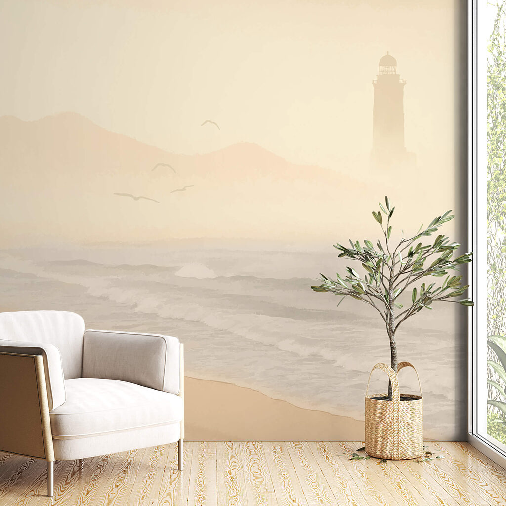 Playa con olas y pájaros