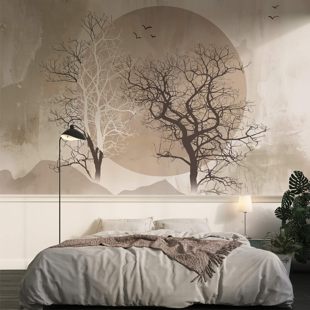 Pintura de árboles y un sol