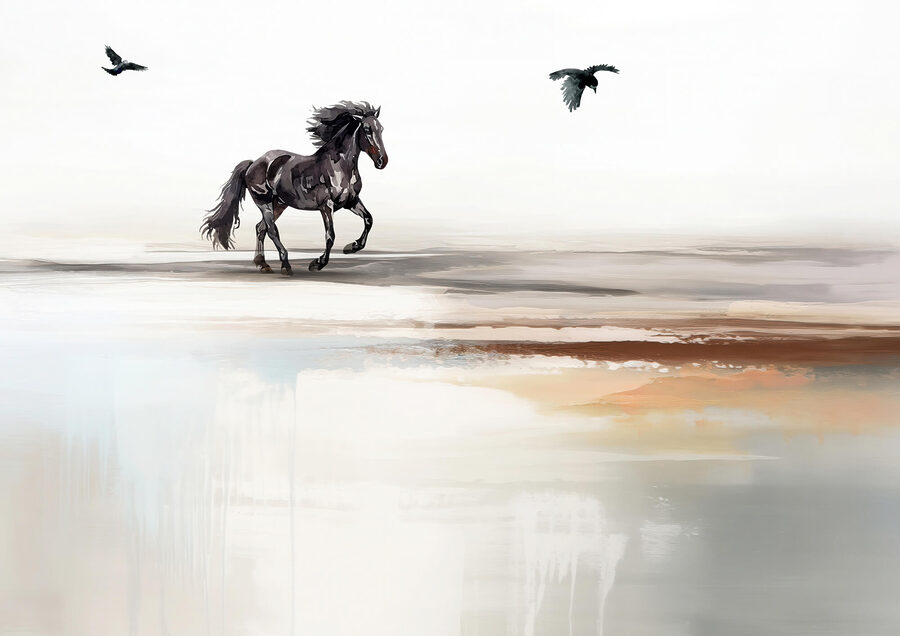 Pintura de un caballo corriendo en una playa con pájaros volando
