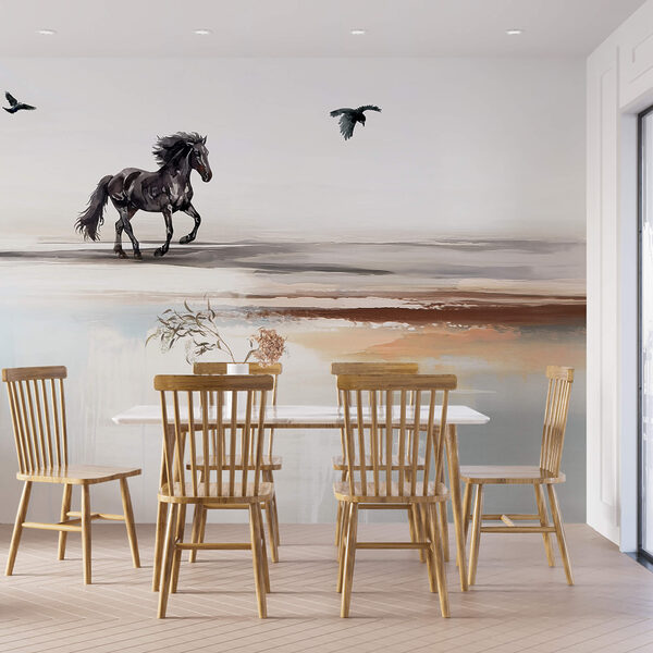 Pintura de un caballo corriendo en una playa con pájaros volando Pintura de un caballo corriendo en una playa con pájaros volando