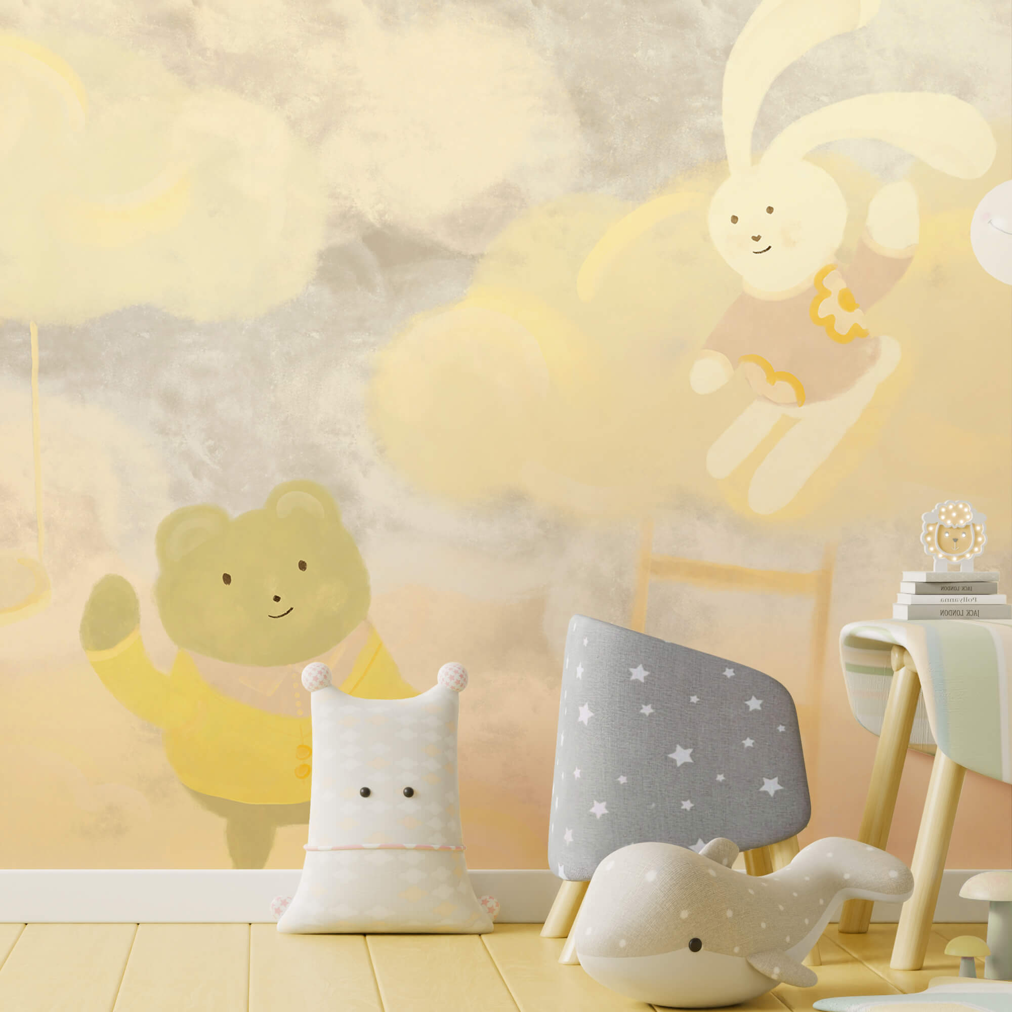 Oso y conejito de dibujos animados en las nubes
