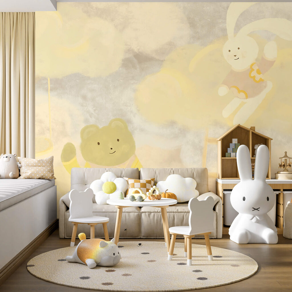 Oso y conejito de dibujos animados en las nubes Oso y conejito de dibujos animados en las nubes