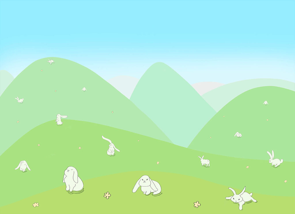 Cartoon of bunnies on a green hill