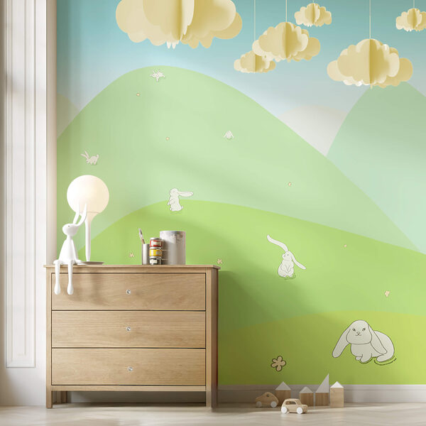 Fotomurales Dibujo animado de conejitos en una colina verde (SKU: t00285) Fotomurales Fotomurales Dibujo animado de conejitos en una colina verde (SKU: t00285)