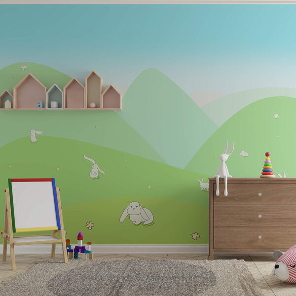 Dibujo animado de conejitos en una colina verde