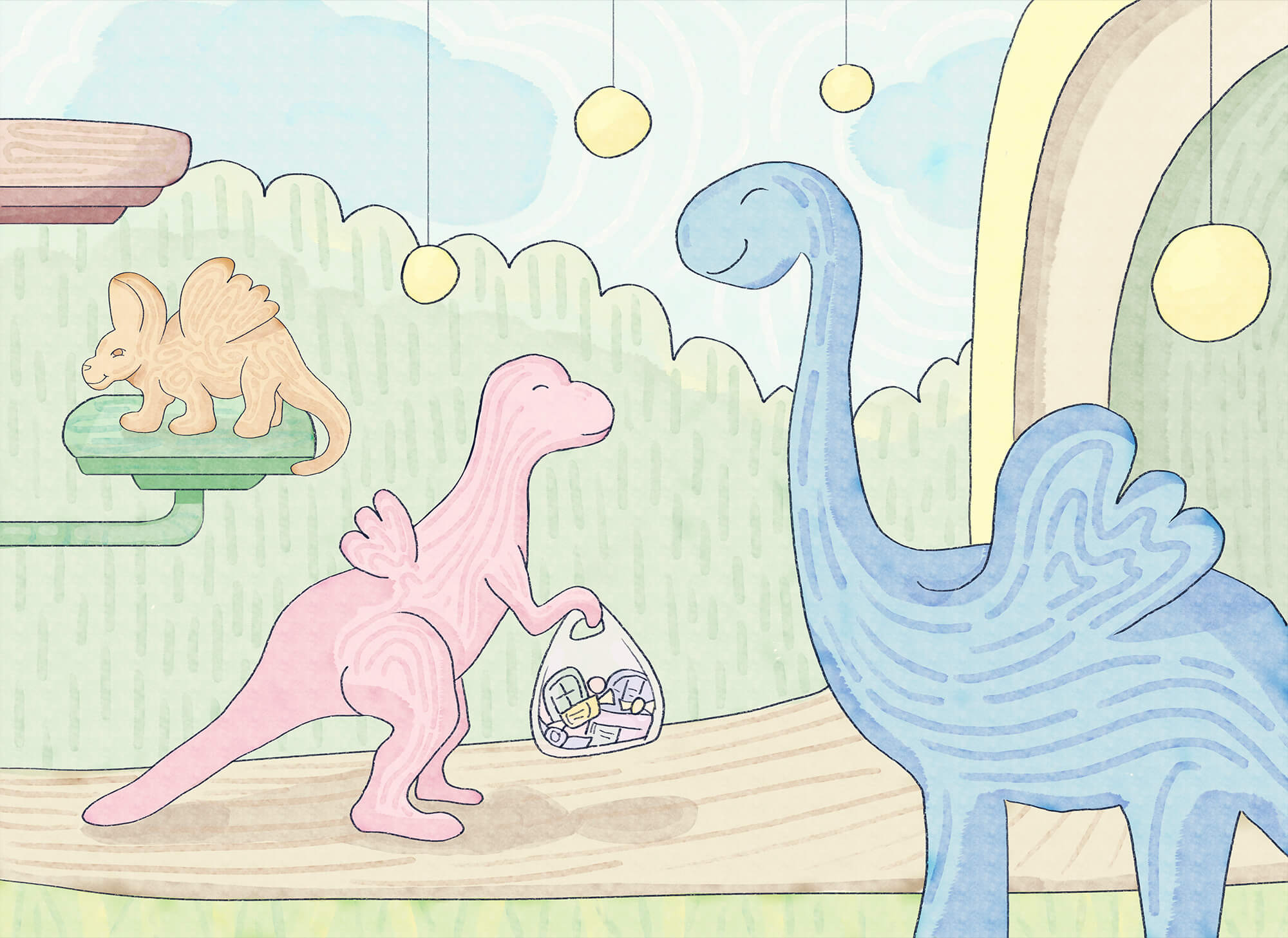 Cartoon of dinosaurs carrying a bag