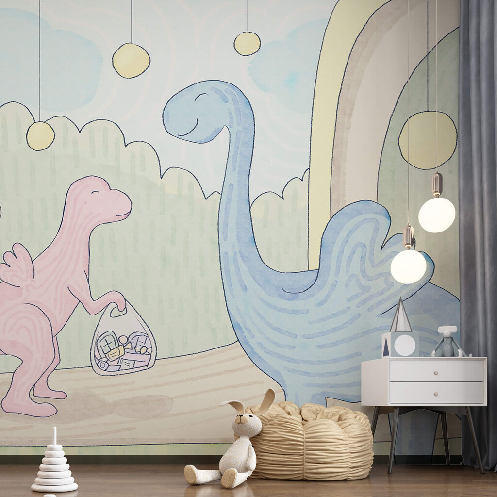 Dibujo animado de dinosaurios llevando una bolsa