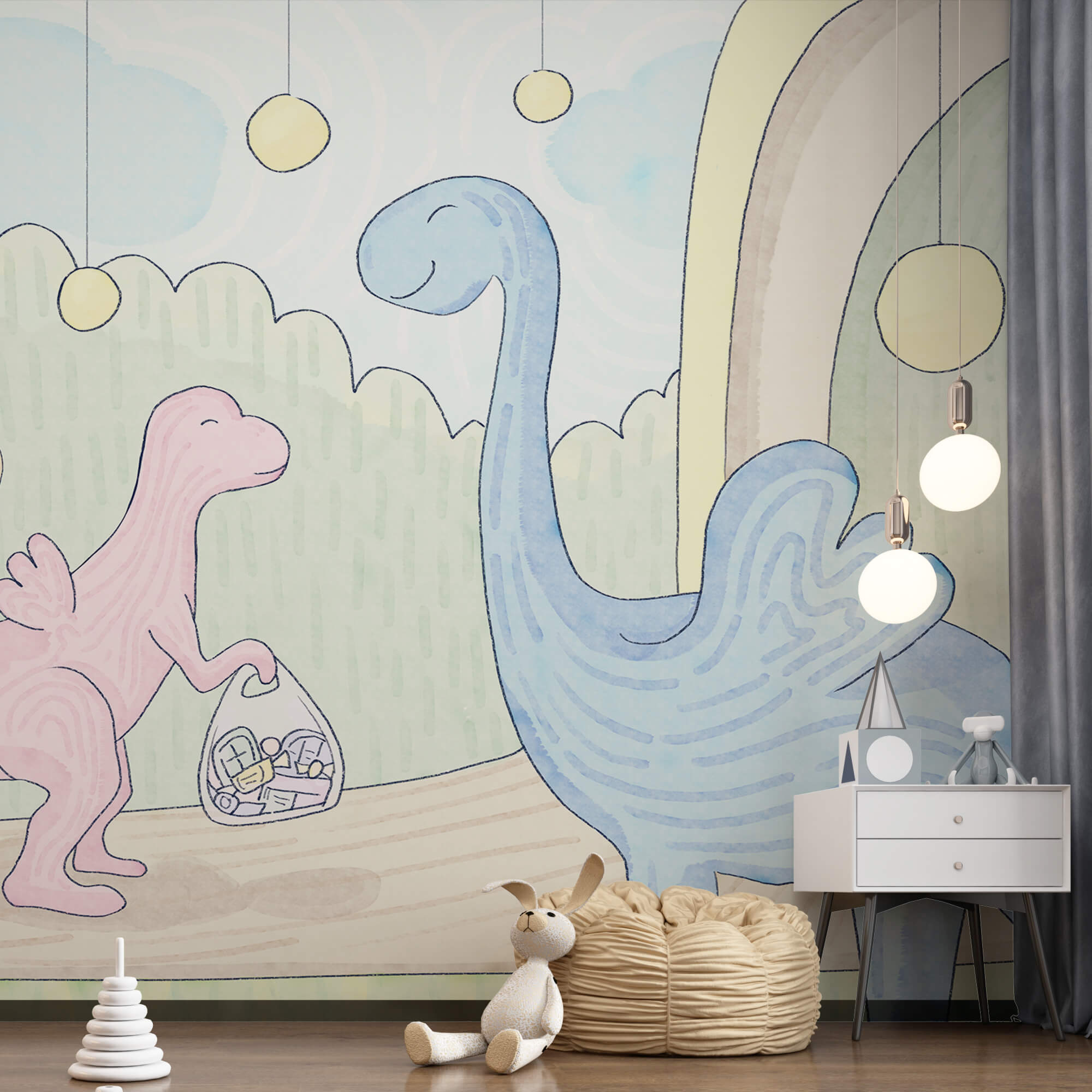 Dibujo animado de dinosaurios llevando una bolsa