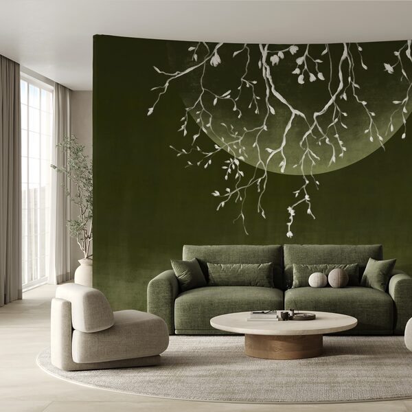 Ramas de árbol con hojas y una luna Ramas de árbol con hojas y una luna