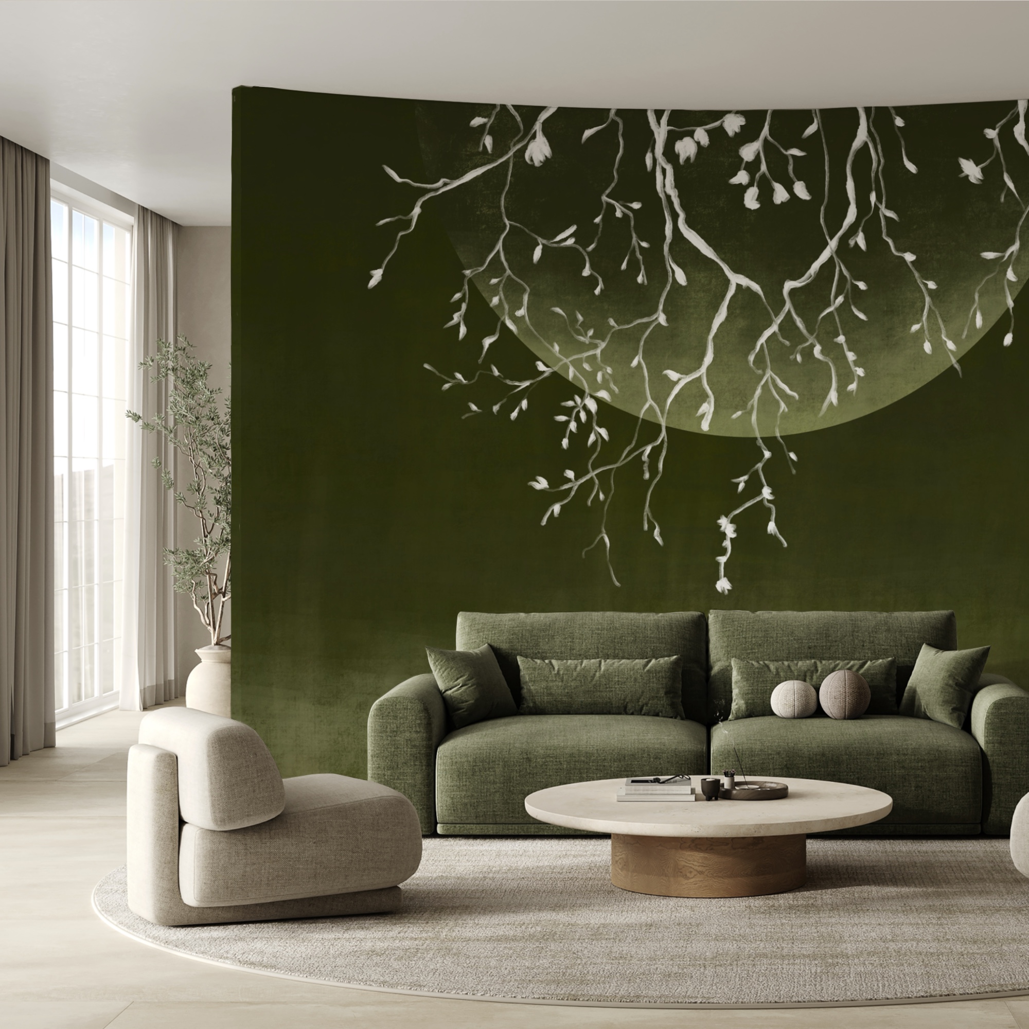 Ramas de árbol con hojas y una luna Ramas de árbol con hojas y una luna