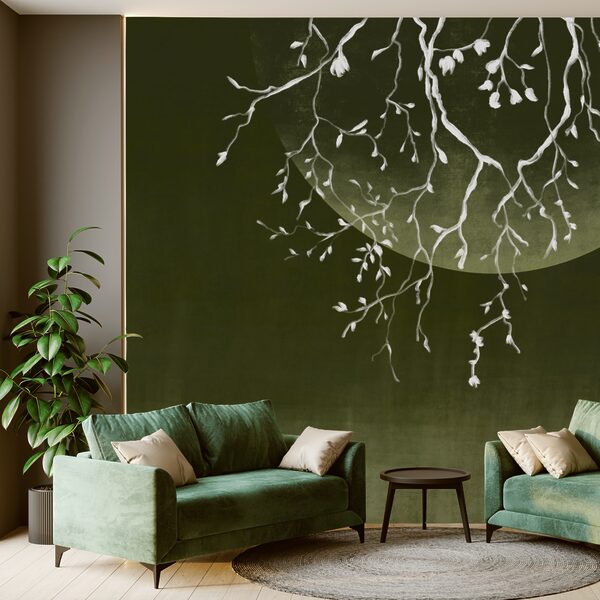 Ramas de árbol con hojas y una luna Ramas de árbol con hojas y una luna