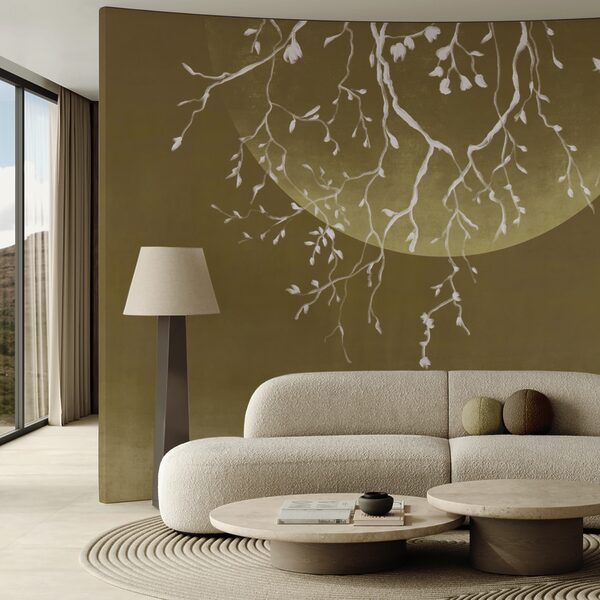 Ramas de árbol con hojas y una luna Ramas de árbol con hojas y una luna