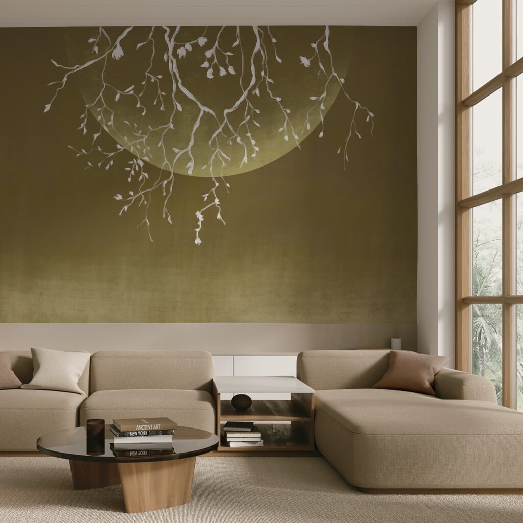 Ramas de árbol con hojas y una luna Ramas de árbol con hojas y una luna