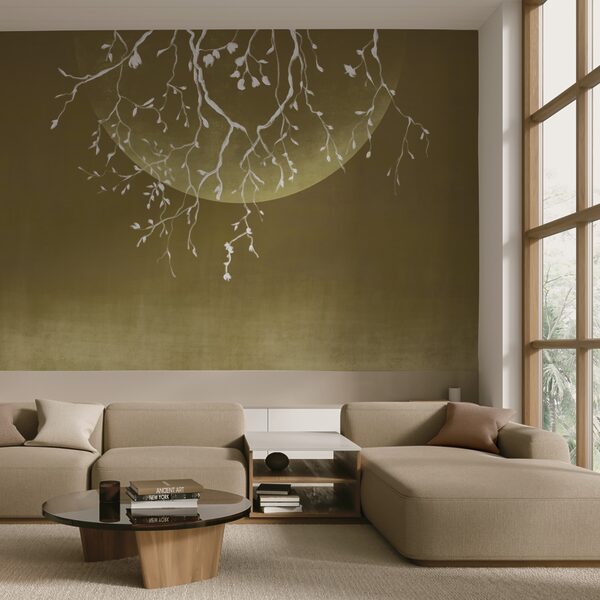 Ramas de árbol con hojas y una luna Ramas de árbol con hojas y una luna