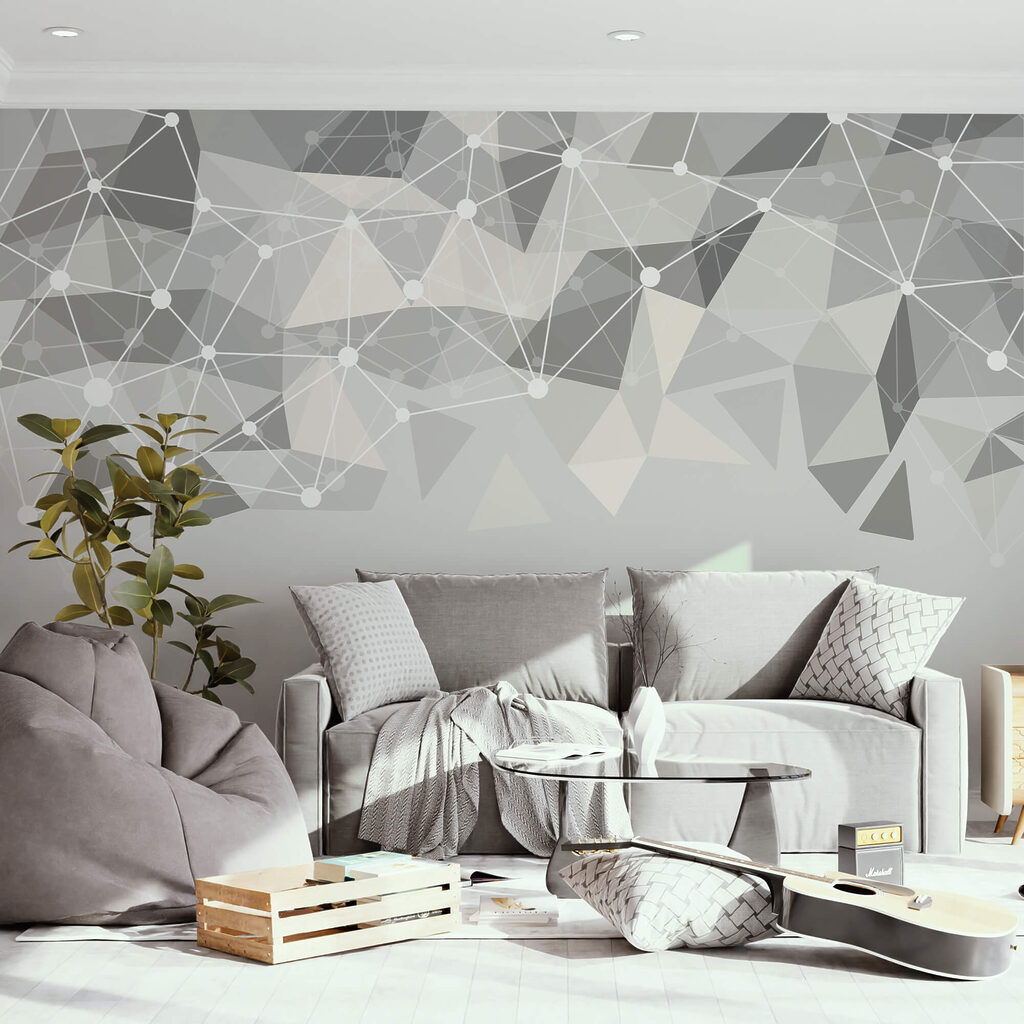 Fondo gris y blanco con puntos y triángulos blancos
