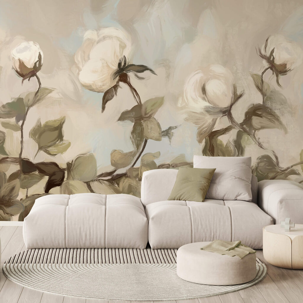 Pintura de flores y hojas blancas