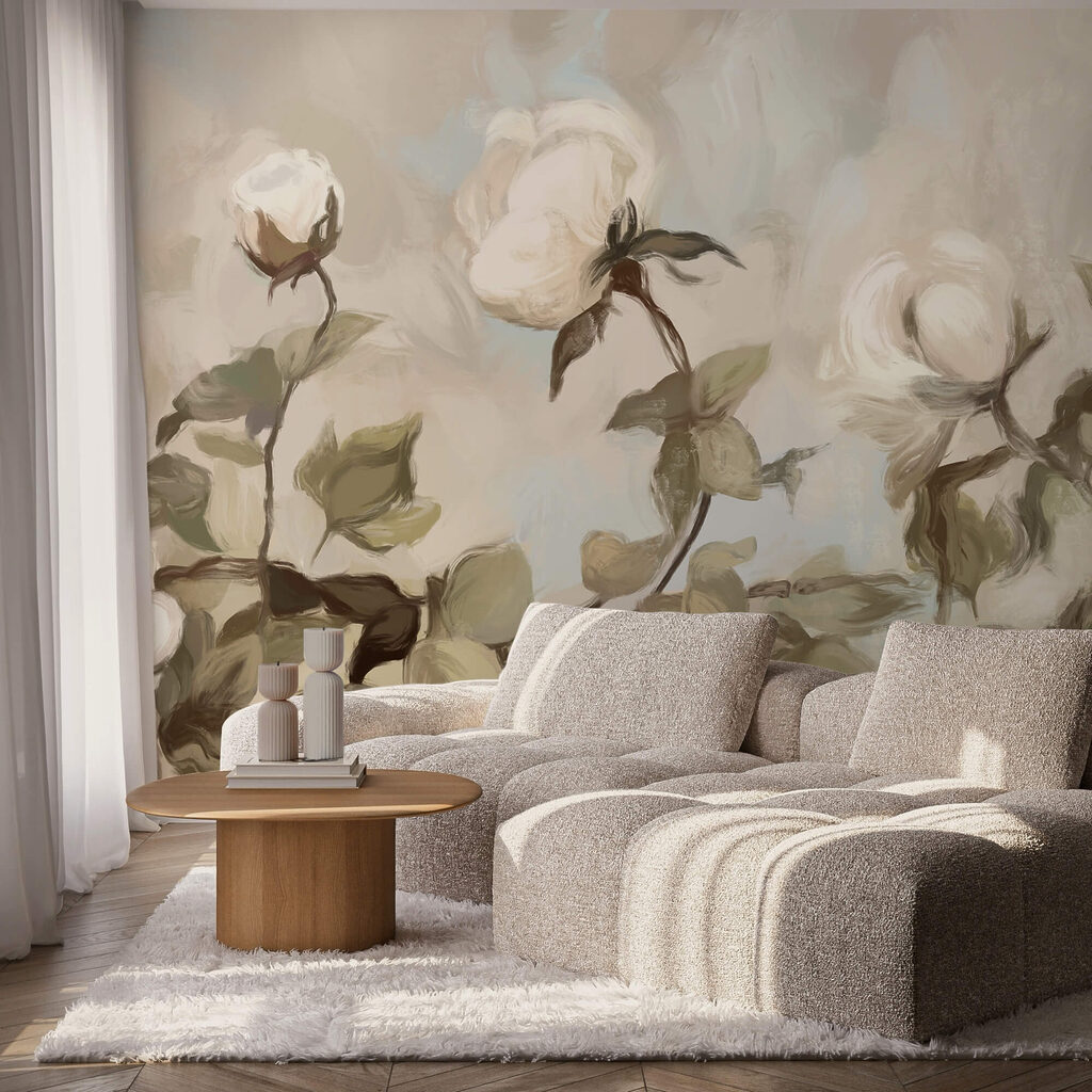 Pintura de flores y hojas blancas