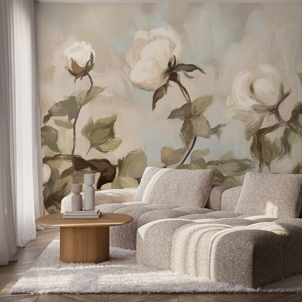 Pintura de flores y hojas blancas