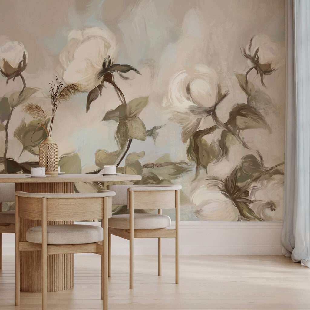 Pintura de flores y hojas blancas