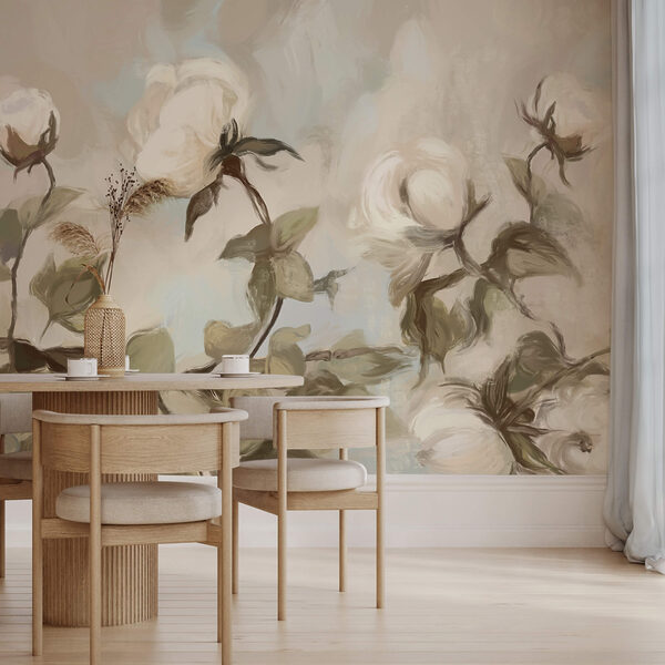 Pintura de flores y hojas blancas