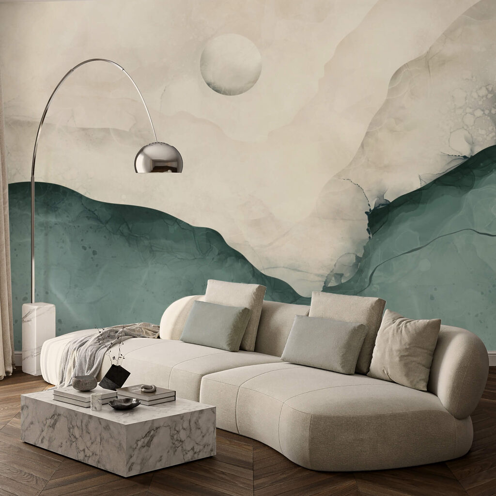 Pintura de una montaña con una luna en el cielo