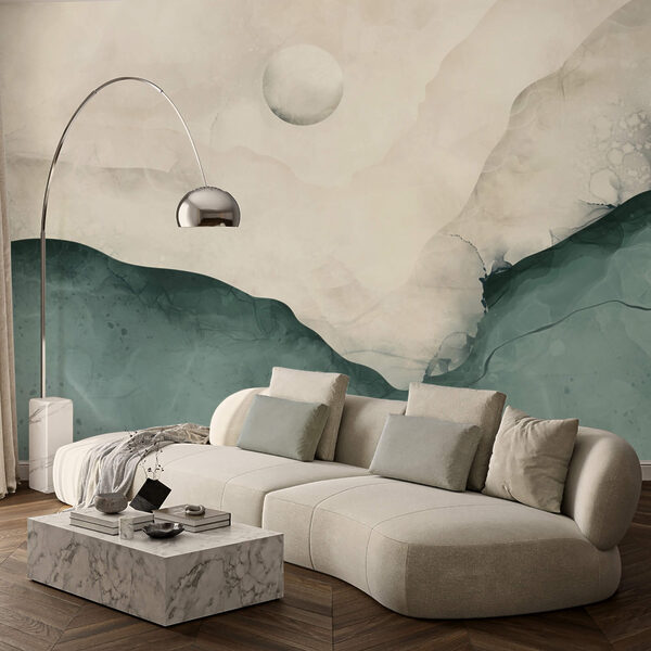 Pintura de una montaña con una luna en el cielo