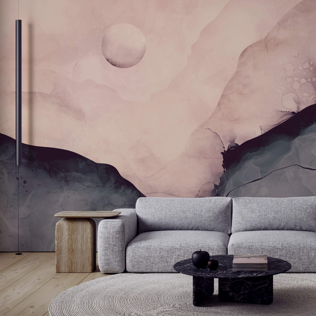 Pintura de una montaña con luna