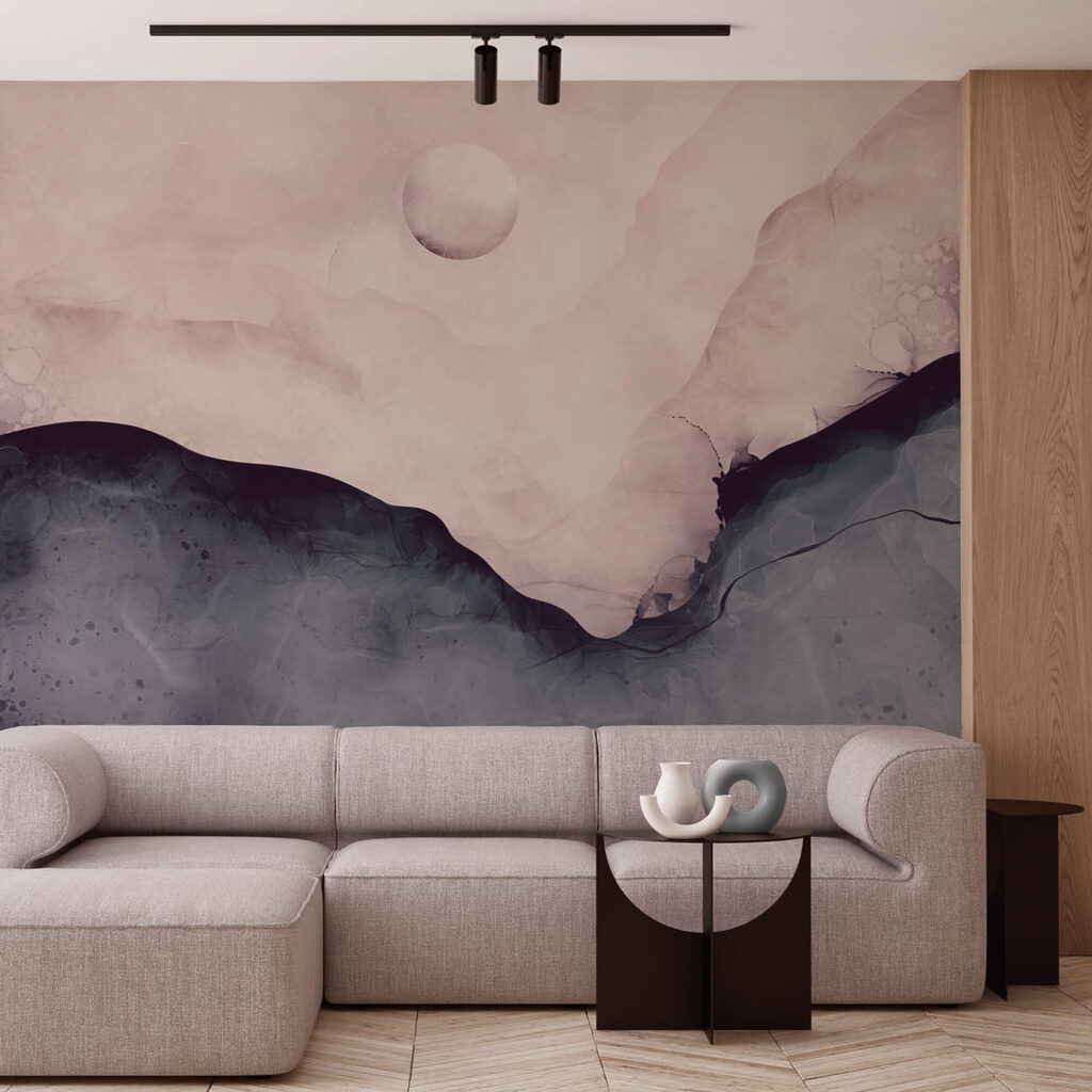 Pintura de una montaña con luna