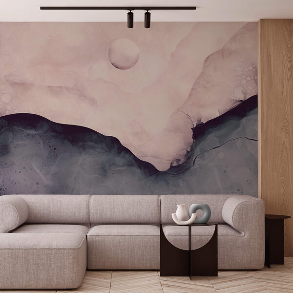 Pintura de una montaña con luna