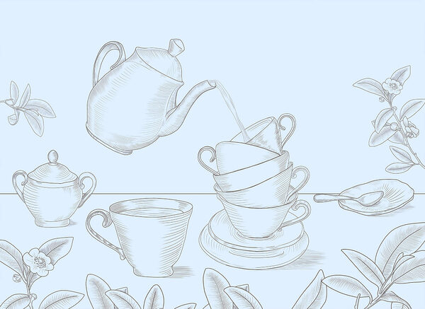 Teapot pouring into a stack of teacups