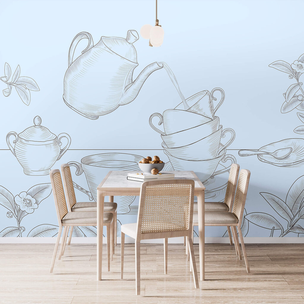 Tetera vertiendo en una pila de tazas de té