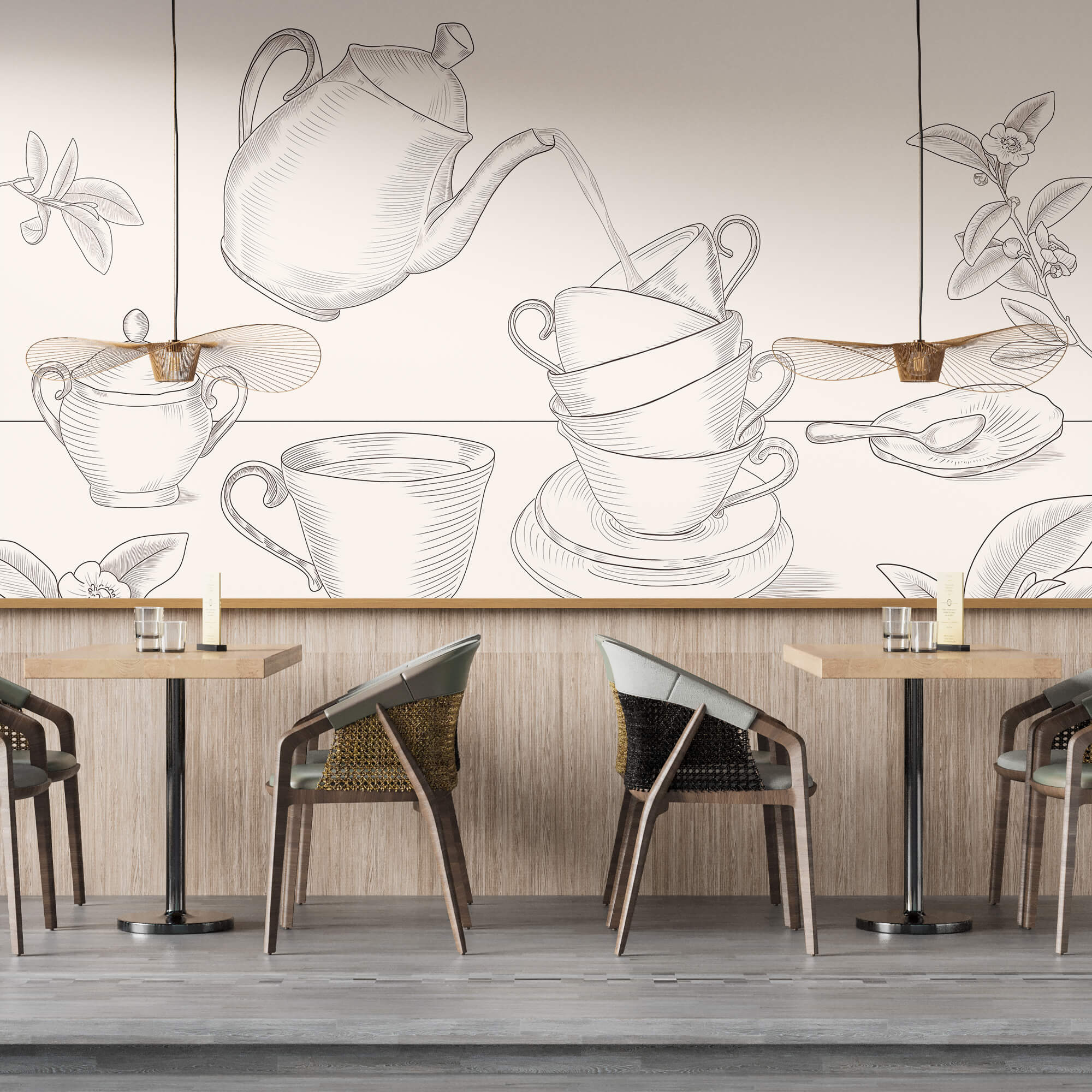 Tetera vertiendo en una pila de tazas de té Tetera vertiendo en una pila de tazas de té