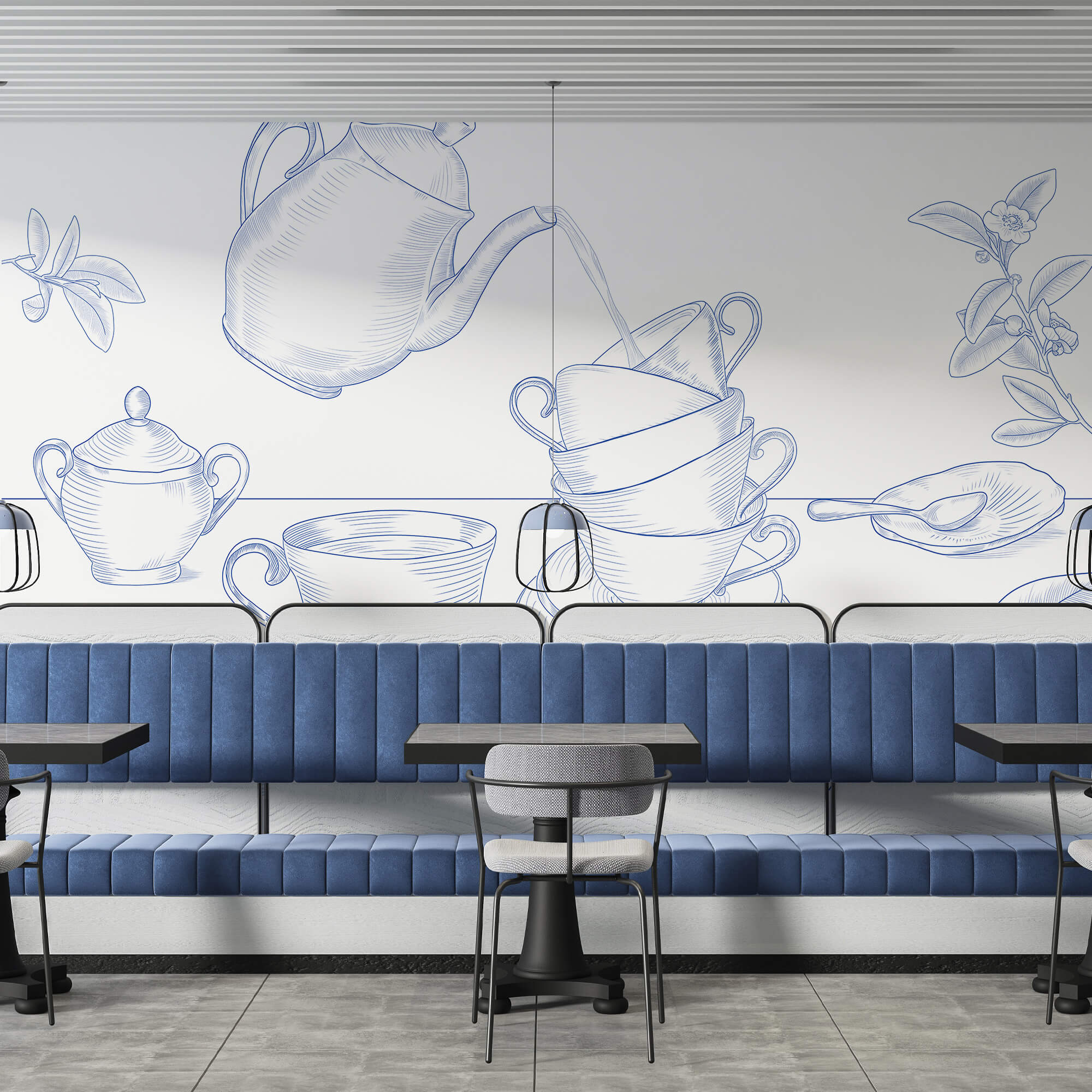 Tetera vertiendo en una pila de tazas de té Tetera vertiendo en una pila de tazas de té