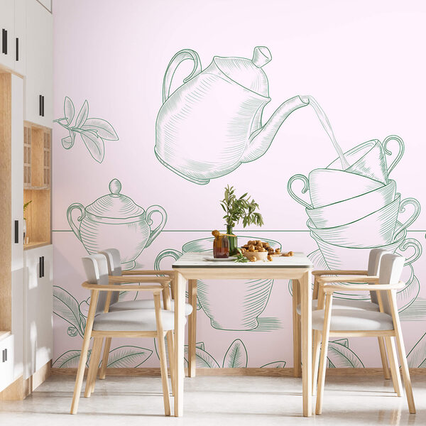 Tetera vertiendo té en una pila de tazas de té