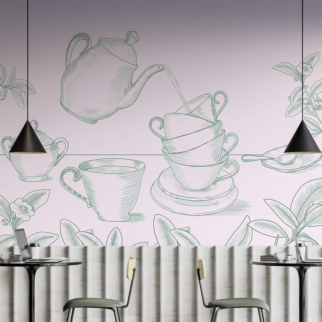 Tetera vertiendo té en una pila de tazas de té