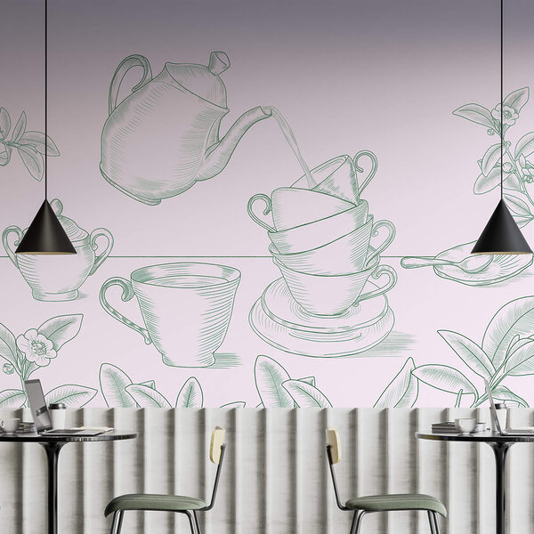 Tetera vertiendo té en una pila de tazas de té