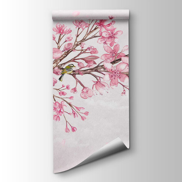 Painting of a branch with pink flowers and birds