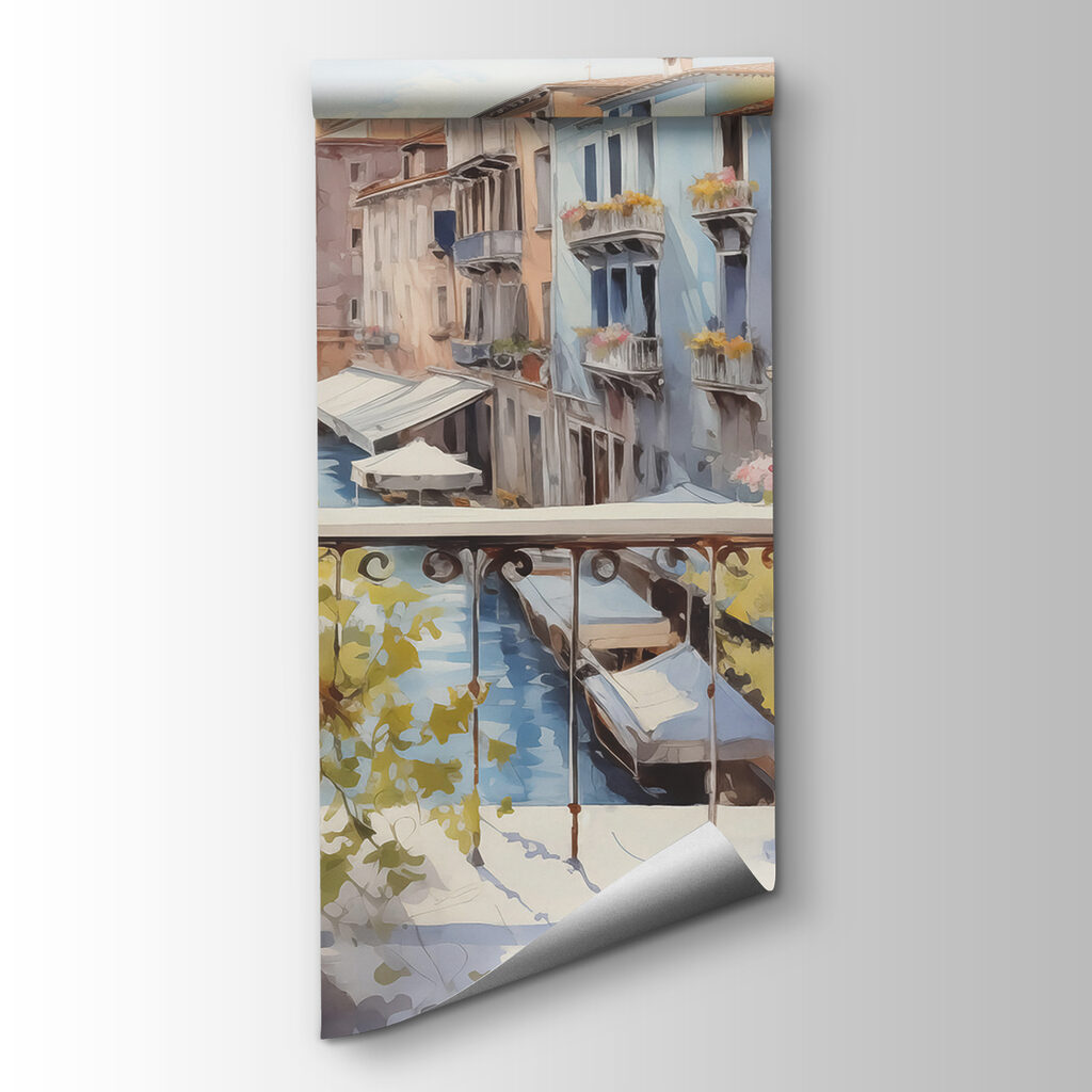 Watercolor painting of a river with a row of buildings and flowers on a balcony