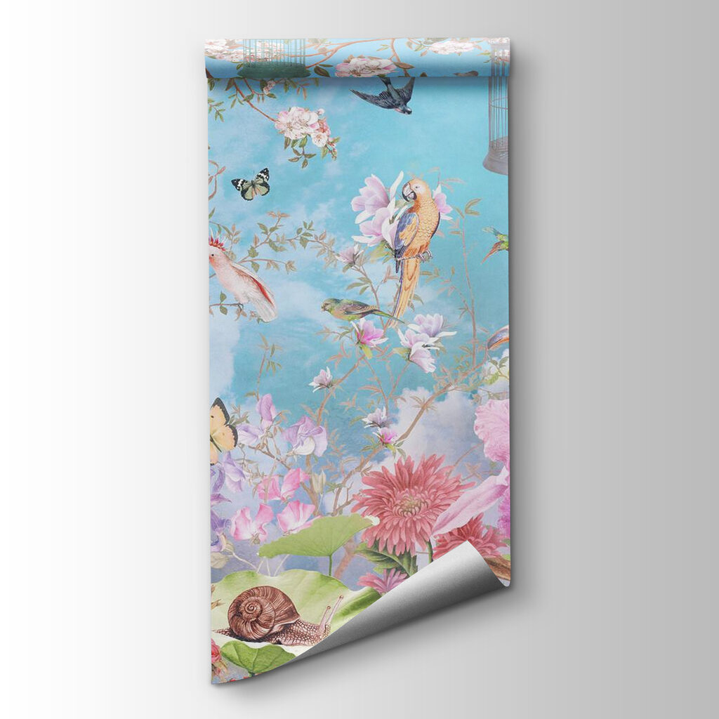 Wallpaper with birds and flowers
