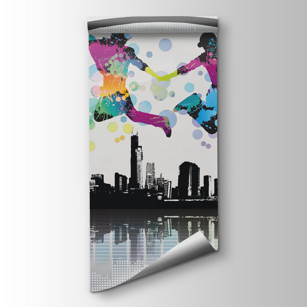 Couple of people jumping in the air with headphones