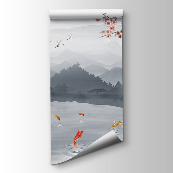 Painting of a river with a waterfall and birds