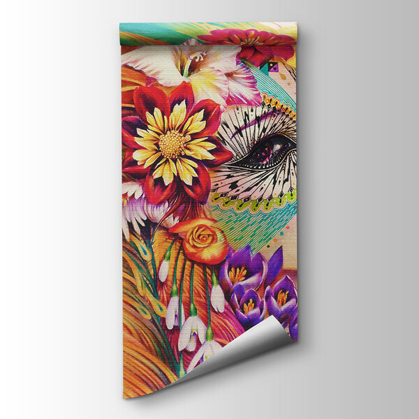 Woman with colorful feathers and flowers