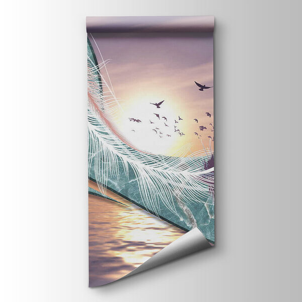 Colorful feathers and birds flying over water Colorful feathers and birds flying over water