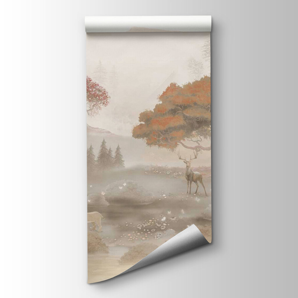 Painting of a forest with trees and mountains