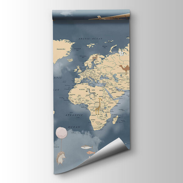 Map of the world with airplanes and balloons