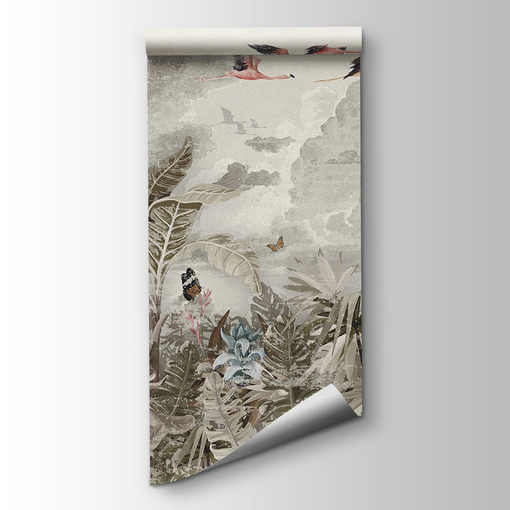 Mural of birds flying over a forest