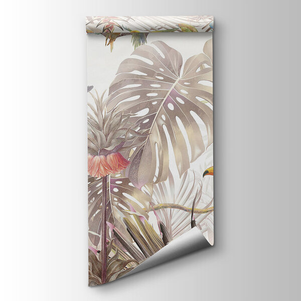 Group of birds on a branch surrounded by tropical plants